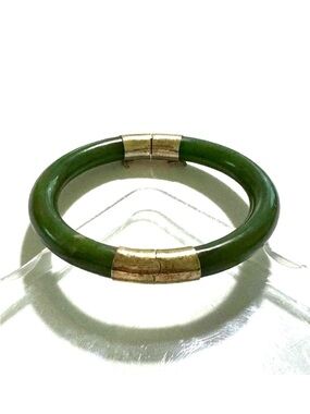 🐉 Vintage Chinese Jadeite Jade Gold Wash Sterling Silver Bangle